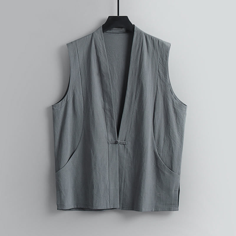 Buddha Stones Gilet sans manches d'été pour homme en coton et lin, col en V, couleur unie, fermeture à boutons brandebourg. - Gris - US/UK/AU54，EU64 (9XL) - image 1