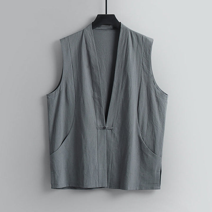 Buddha Stones Gilet sans manches d'été pour homme en coton et lin, col en V, couleur unie, fermeture à boutons brandebourg. - Gris - US/UK/AU54，EU64 (9XL) - image 1