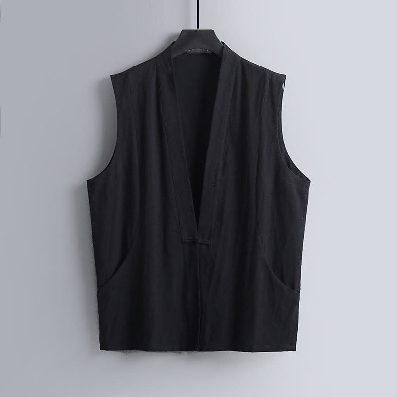 Buddha Stones Gilet sans manches d'été pour homme en coton et lin, col en V, couleur unie, fermeture à boutons brandebourg. - Noir - US/UK/AU54，EU64 (9XL) - image 9