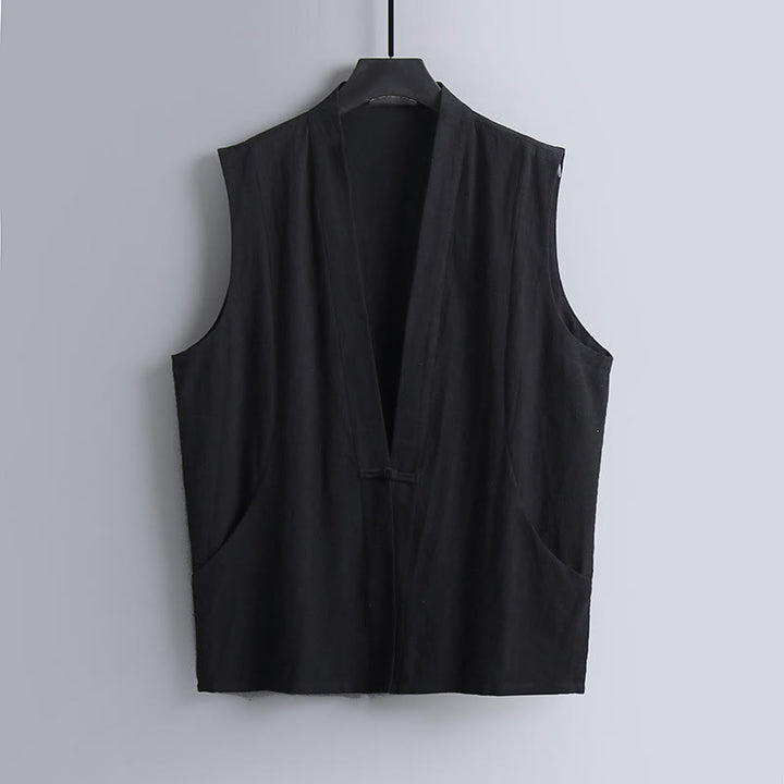 Buddha Stones Gilet sans manches d'été pour homme en coton et lin, col en V, couleur unie, fermeture à boutons brandebourg. - Noir - US/UK/AU54，EU64 (9XL) - image 9