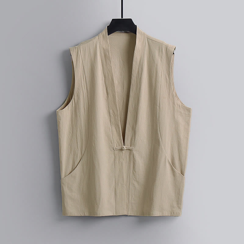 Buddha Stones Gilet sans manches d'été pour homme en coton et lin, col en V, couleur unie, fermeture à boutons brandebourg. - Blé - US/UK/AU54，EU64 (9XL) - image 10