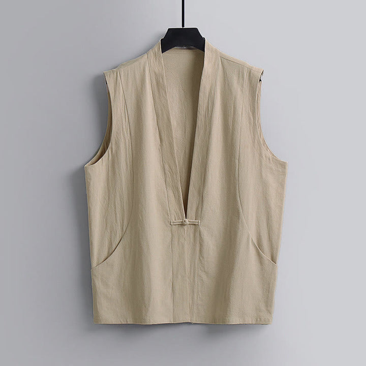 Buddha Stones Gilet sans manches d'été pour homme en coton et lin, col en V, couleur unie, fermeture à boutons brandebourg. - Blé - US/UK/AU54，EU64 (9XL) - image 10