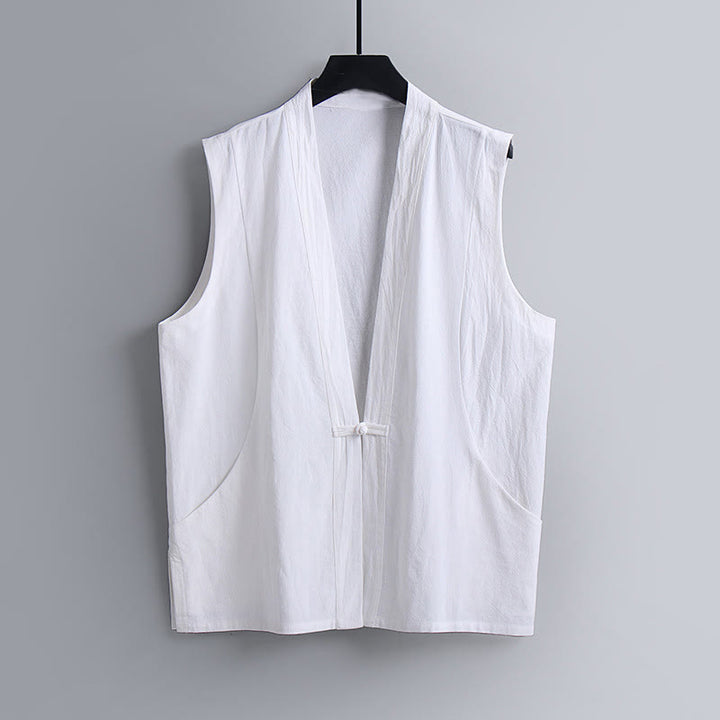 Buddha Stones Gilet sans manches d'été pour homme en coton et lin, col en V, couleur unie, fermeture à boutons brandebourg. - Blanc - US/UK/AU54，EU64 (9XL) - image 11