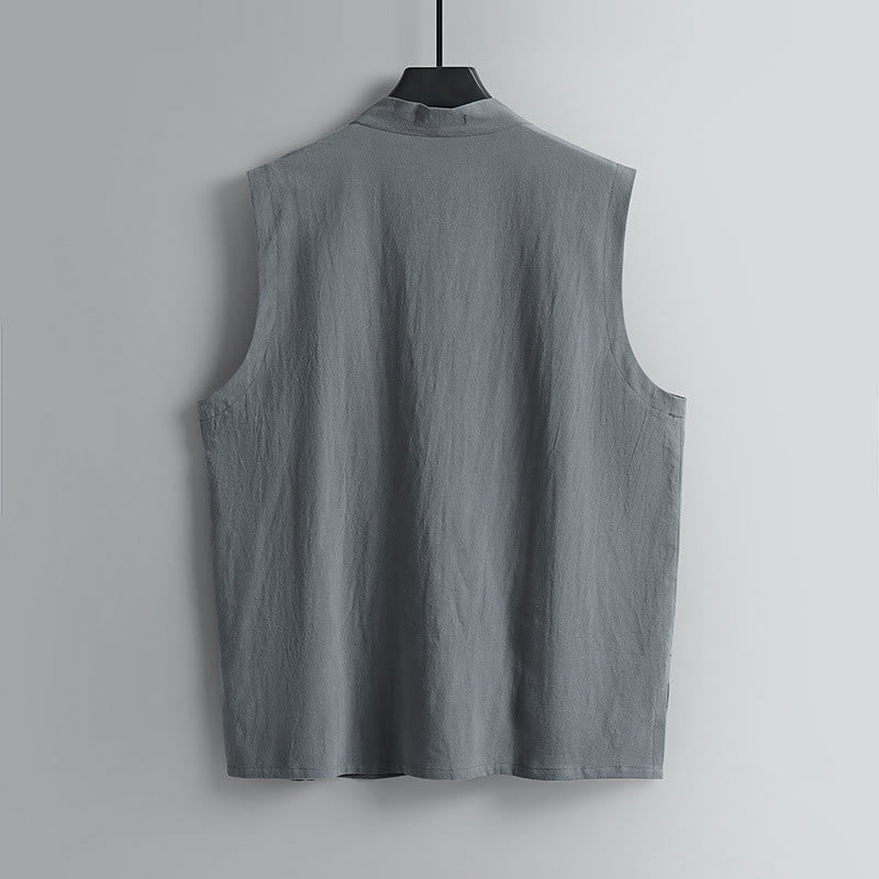 Buddha Stones Gilet sans manches d'été pour homme en coton et lin, col en V, couleur unie, fermeture à boutons brandebourg. - image 2