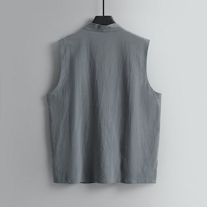 Buddha Stones Gilet sans manches d'été pour homme en coton et lin, col en V, couleur unie, fermeture à boutons brandebourg. - image 2
