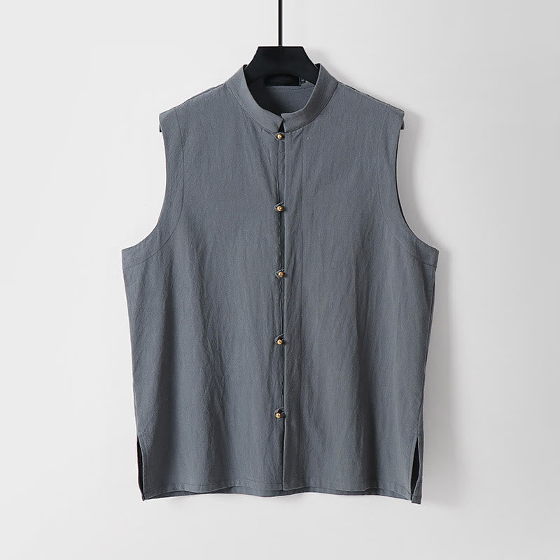 Buddha Stones Gilet sans manches d'été pour homme, col montant, couleur unie, en coton et lin. - Gris - US/UK/AU54，EU64 (9XL) - image 0