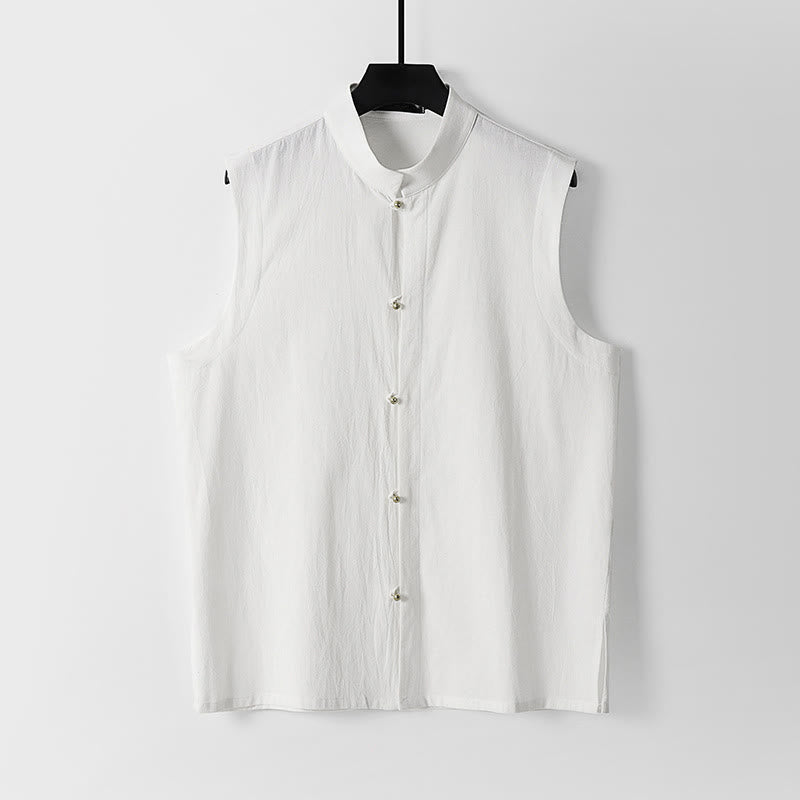 Buddha Stones Gilet sans manches d'été pour homme, col montant, couleur unie, en coton et lin. - Blanc - US/UK/AU54，EU64 (9XL) - image 2