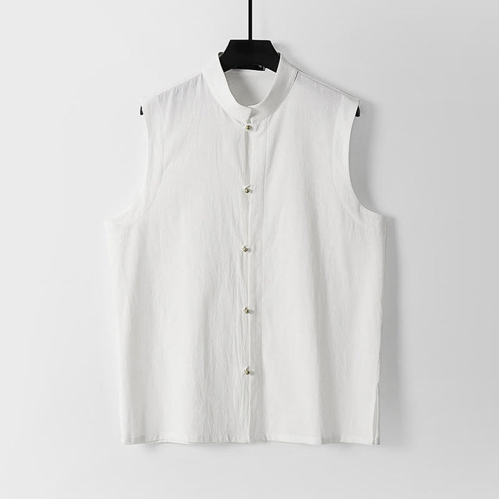 Buddha Stones Gilet sans manches d'été pour homme, col montant, couleur unie, en coton et lin. - Blanc - US/UK/AU54，EU64 (9XL) - image 2
