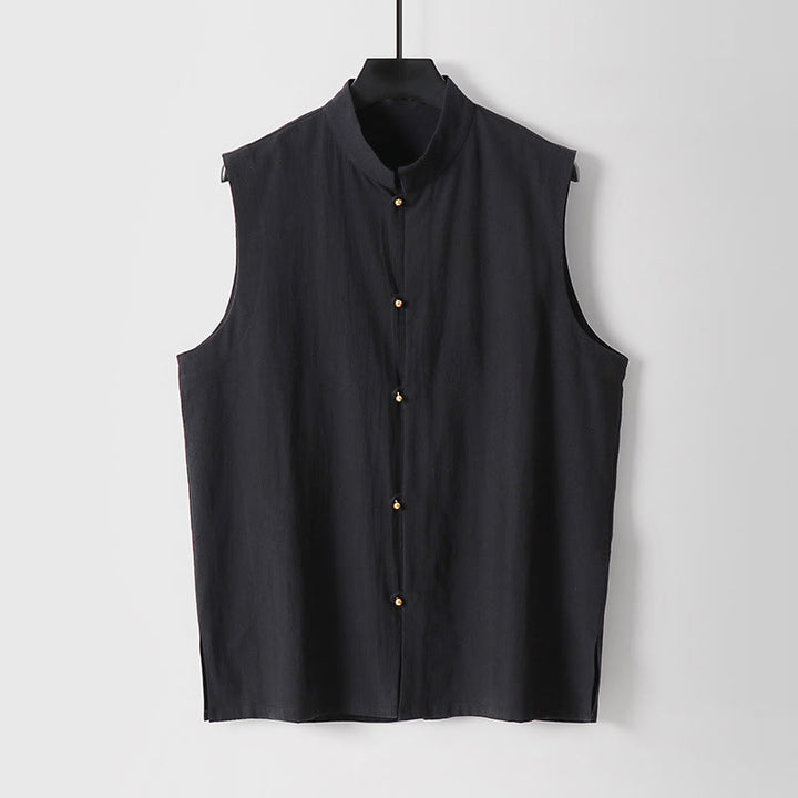 Buddha Stones Gilet sans manches d'été pour homme, col montant, couleur unie, en coton et lin. - Noir - US/UK/AU54，EU64 (9XL) - image 4