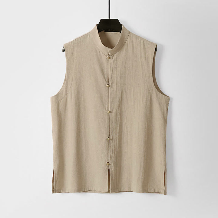 Buddha Stones Gilet sans manches d'été pour homme, col montant, couleur unie, en coton et lin. - Blé - US/UK/AU54，EU64 (9XL) - image 6