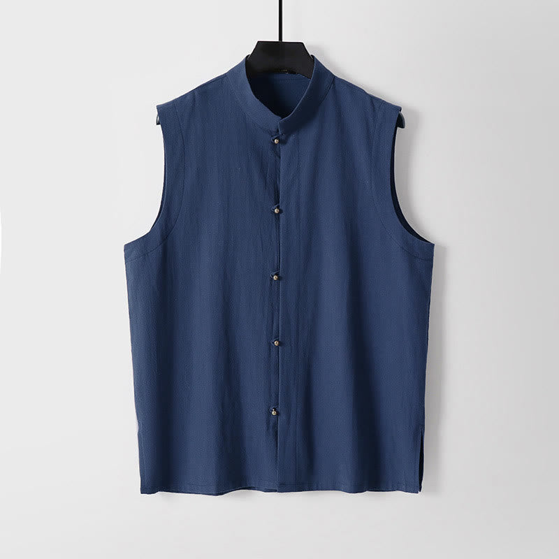 Buddha Stones Gilet sans manches d'été pour homme, col montant, couleur unie, en coton et lin. - Marine - US/UK/AU54，EU64 (9XL) - image 14