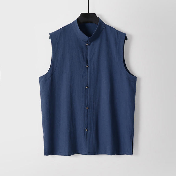 Buddha Stones Gilet sans manches d'été pour homme, col montant, couleur unie, en coton et lin. - Marine - US/UK/AU54，EU64 (9XL) - image 14