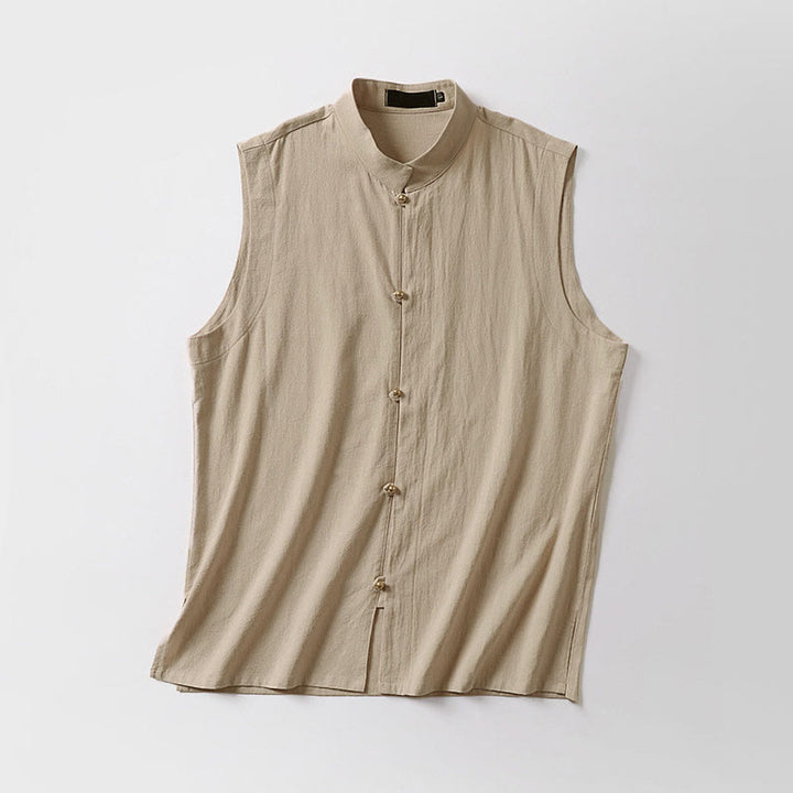 Buddha Stones Gilet sans manches d'été pour homme, col montant, couleur unie, en coton et lin. - image 7