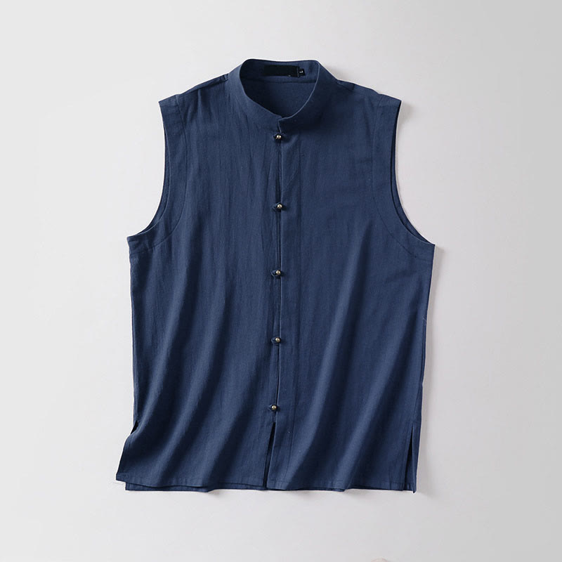 Buddha Stones Gilet sans manches d'été pour homme, col montant, couleur unie, en coton et lin. - image 15
