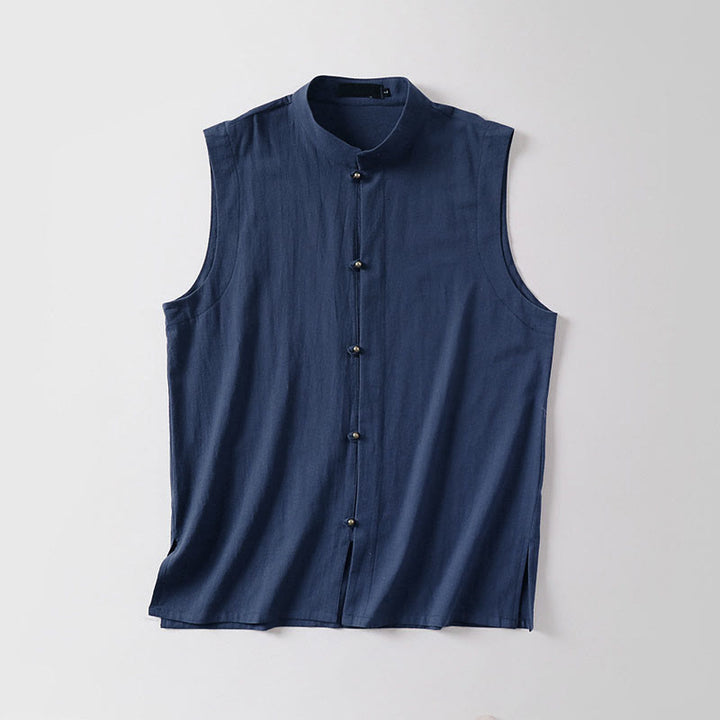 Buddha Stones Gilet sans manches d'été pour homme, col montant, couleur unie, en coton et lin. - image 15