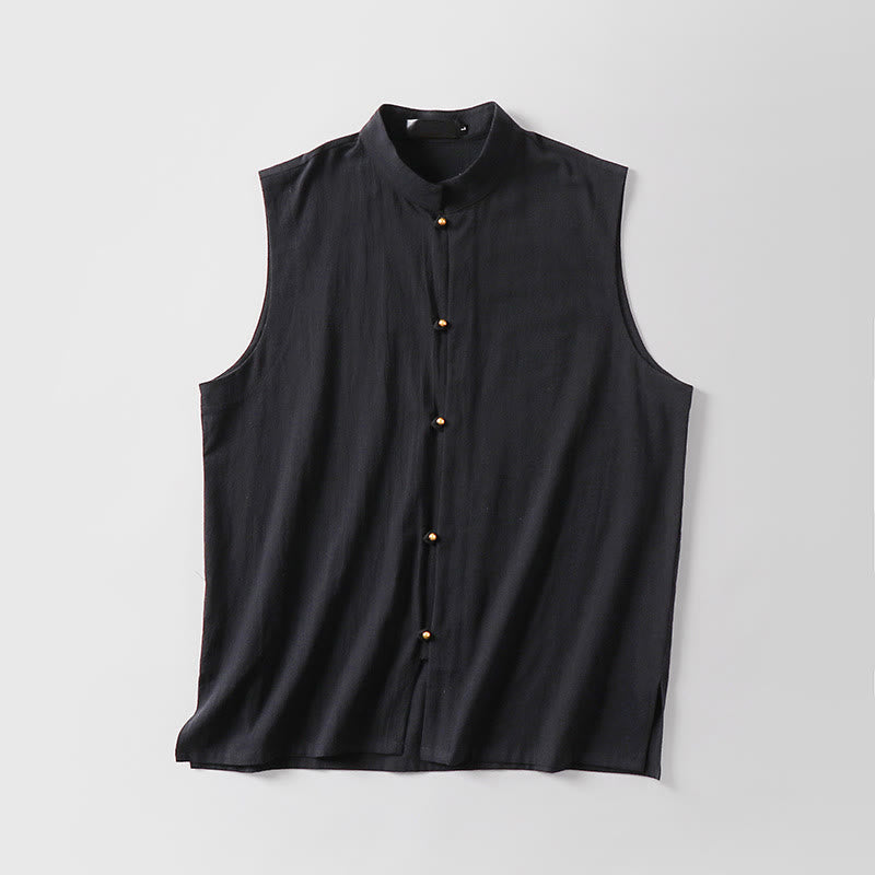 Buddha Stones Gilet sans manches d'été pour homme, col montant, couleur unie, en coton et lin. - image 5