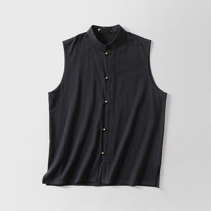 Buddha Stones Gilet sans manches d'été pour homme, col montant, couleur unie, en coton et lin. - image 5