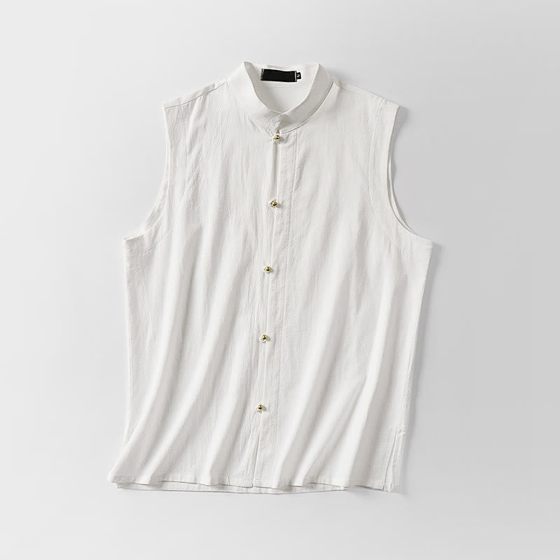 Buddha Stones Gilet sans manches d'été pour homme, col montant, couleur unie, en coton et lin. - image 3