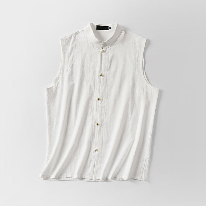 Buddha Stones Gilet sans manches d'été pour homme, col montant, couleur unie, en coton et lin. - image 3