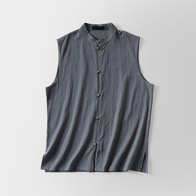 Buddha Stones Gilet sans manches d'été pour homme, col montant, couleur unie, en coton et lin. - image 1