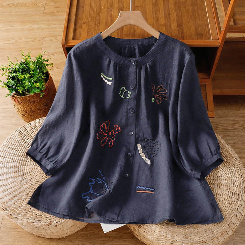 Buddha Stones Chemise à manches courtes et col rond à motif de courge corail pour femme, en polyester - Bleu nuit - US8-10，UK/AU12-14，EU40-42 (2XL) - image 0