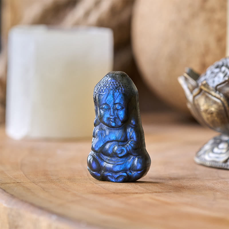Buddha Stones Statuette de Bouddha en labradorite naturelle, symbole de Bouddha, pour la décoration intérieure - Bouddha 4,5 x 2,3 x 1 cm - image 0