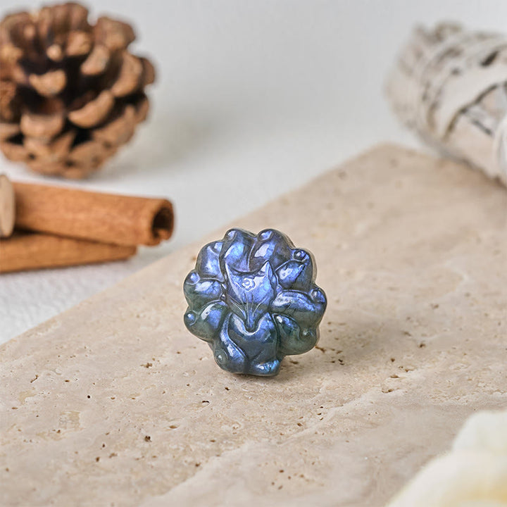 Buddha Stones Figurine de renard à neuf queues sculptée en labradorite, statue de sagesse et de guérison, décoration - image 4