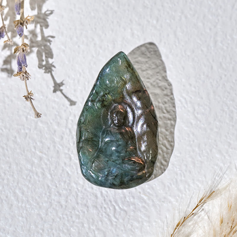 Buddha Stones Statuette de Bouddha en labradorite naturelle gravée, en forme de larme, pour la décoration intérieure. - image 1