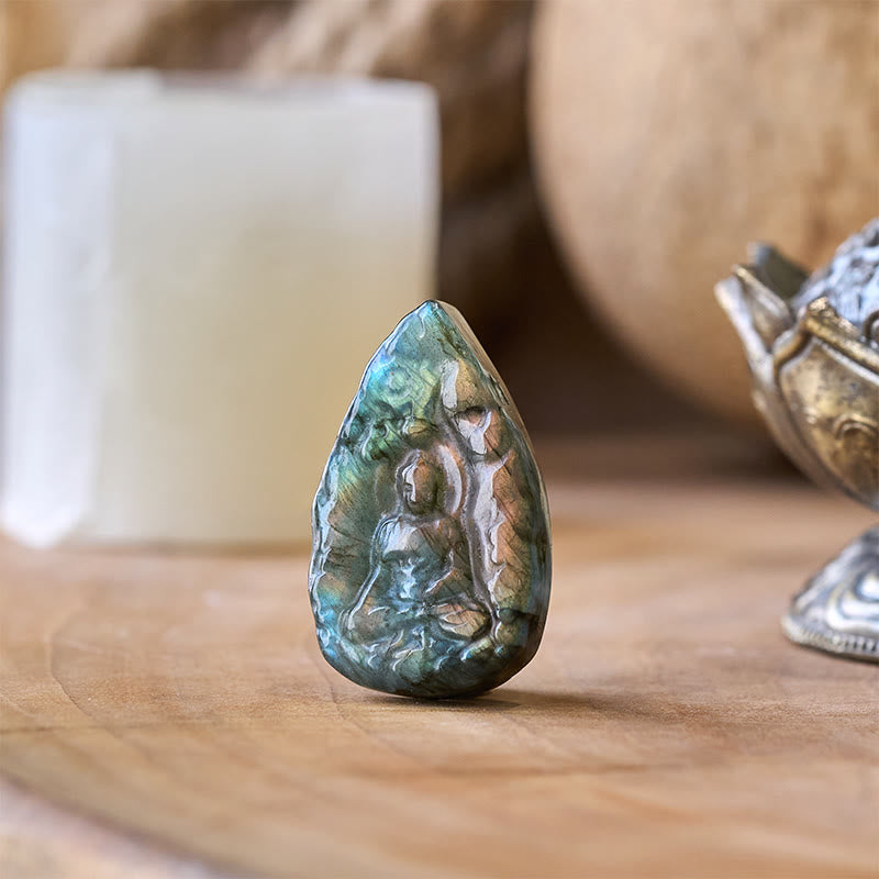 Buddha Stones Statuette de Bouddha en labradorite naturelle gravée, en forme de larme, pour la décoration intérieure. - image 2