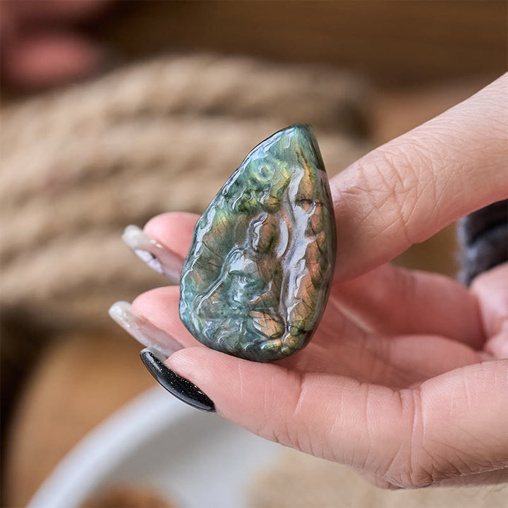 Buddha Stones Statuette de Bouddha en labradorite naturelle gravée, en forme de larme, pour la décoration intérieure. - image 3