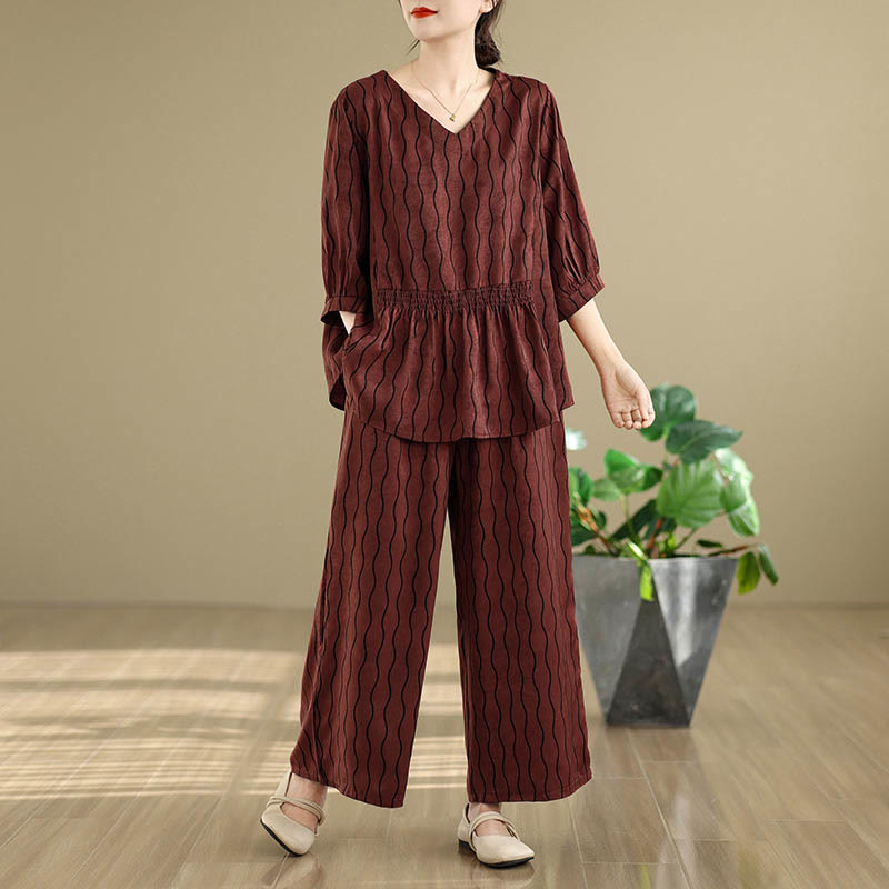 Buddha Stones Ensemble 2 pièces : chemise à manches courtes rayée en polyester, pantalon harem longueur 7 avec poches - Rouge foncé - US12，UK/AU16，EU44 (3XL) - image 22