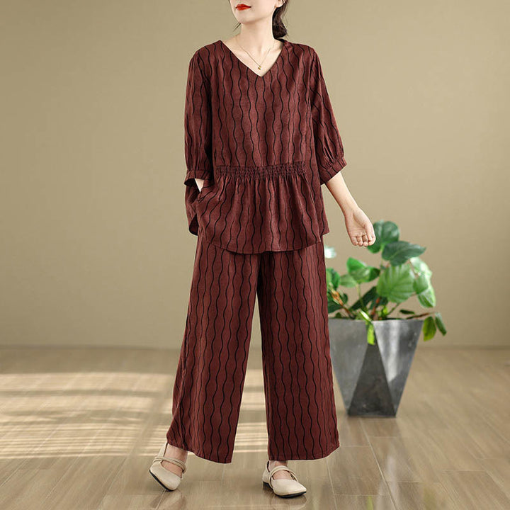 Buddha Stones Ensemble 2 pièces : chemise à manches courtes rayée en polyester, pantalon harem longueur 7 avec poches - Rouge foncé - US12，UK/AU16，EU44 (3XL) - image 22