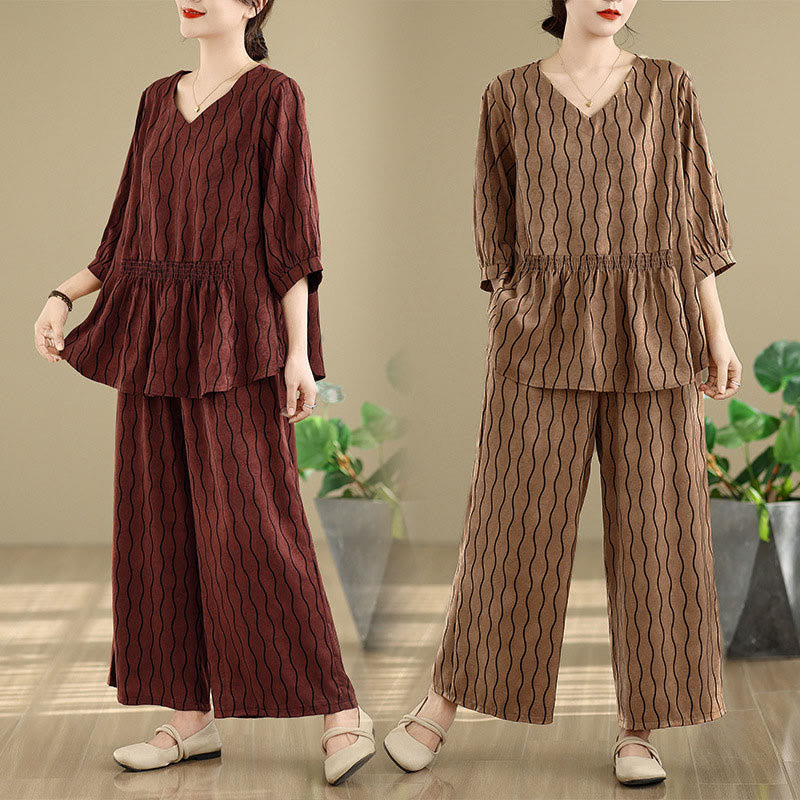 Buddha Stones Ensemble 2 pièces : chemise à manches courtes rayée en polyester, pantalon harem longueur 7 avec poches - image 28