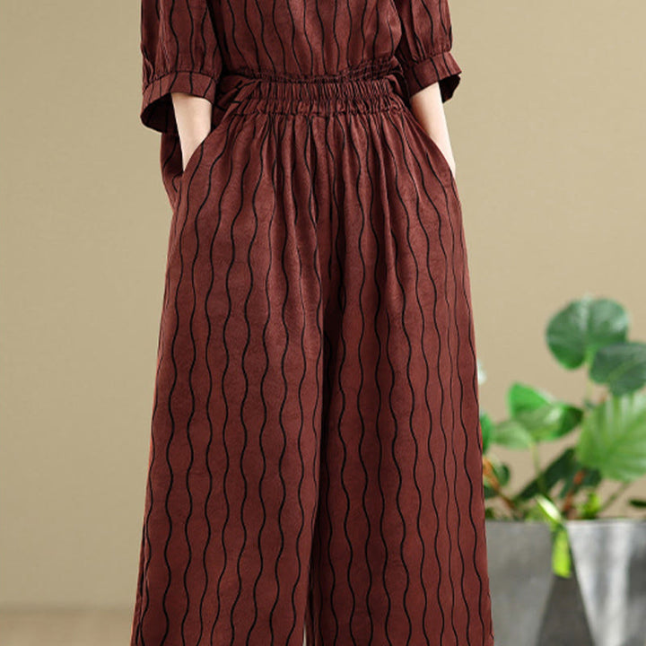 Buddha Stones Ensemble 2 pièces : chemise à manches courtes rayée en polyester, pantalon harem longueur 7 avec poches - image 25