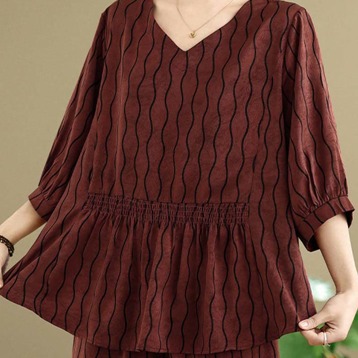 Buddha Stones Ensemble 2 pièces : chemise à manches courtes rayée en polyester, pantalon harem longueur 7 avec poches - image 26