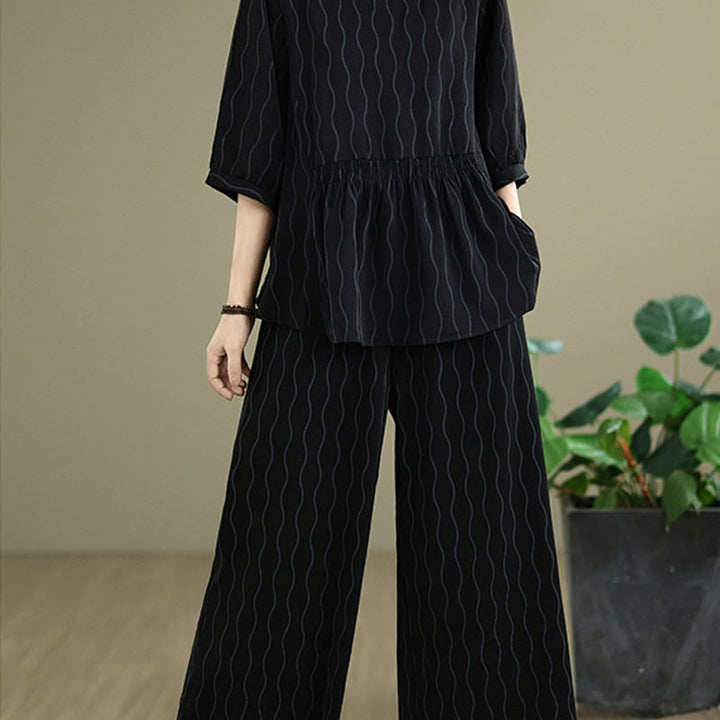 Buddha Stones Ensemble 2 pièces : chemise à manches courtes rayée en polyester, pantalon harem longueur 7 avec poches - image 14