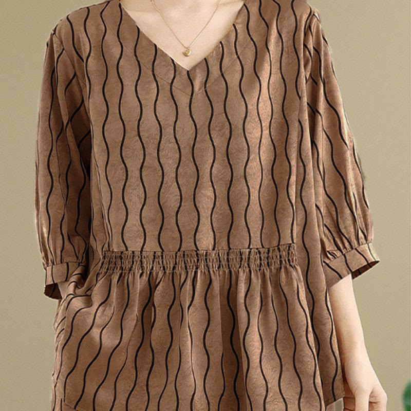 Buddha Stones Ensemble 2 pièces : chemise à manches courtes rayée en polyester, pantalon harem longueur 7 avec poches - image 4