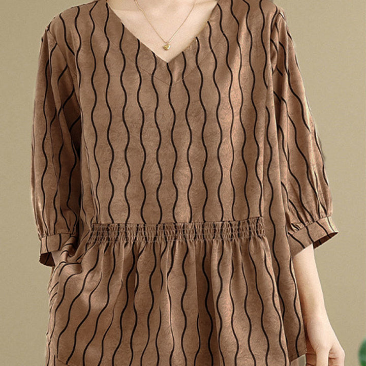 Buddha Stones Ensemble 2 pièces : chemise à manches courtes rayée en polyester, pantalon harem longueur 7 avec poches - image 4