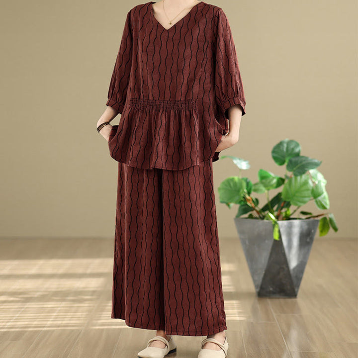 Buddha Stones Ensemble 2 pièces : chemise à manches courtes rayée en polyester, pantalon harem longueur 7 avec poches - image 24