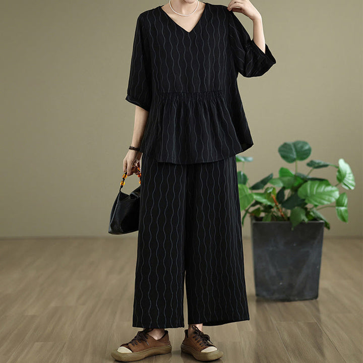 Buddha Stones Ensemble 2 pièces : chemise à manches courtes rayée en polyester, pantalon harem longueur 7 avec poches - image 11