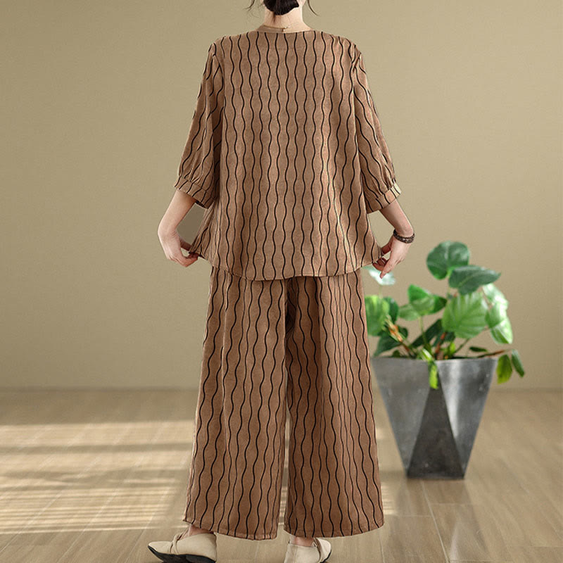 Buddha Stones Ensemble 2 pièces : chemise à manches courtes rayée en polyester, pantalon harem longueur 7 avec poches - image 3
