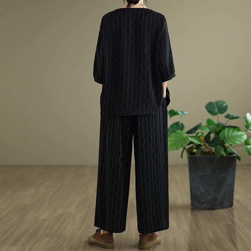 Buddha Stones Ensemble 2 pièces : chemise à manches courtes rayée en polyester, pantalon harem longueur 7 avec poches - image 16