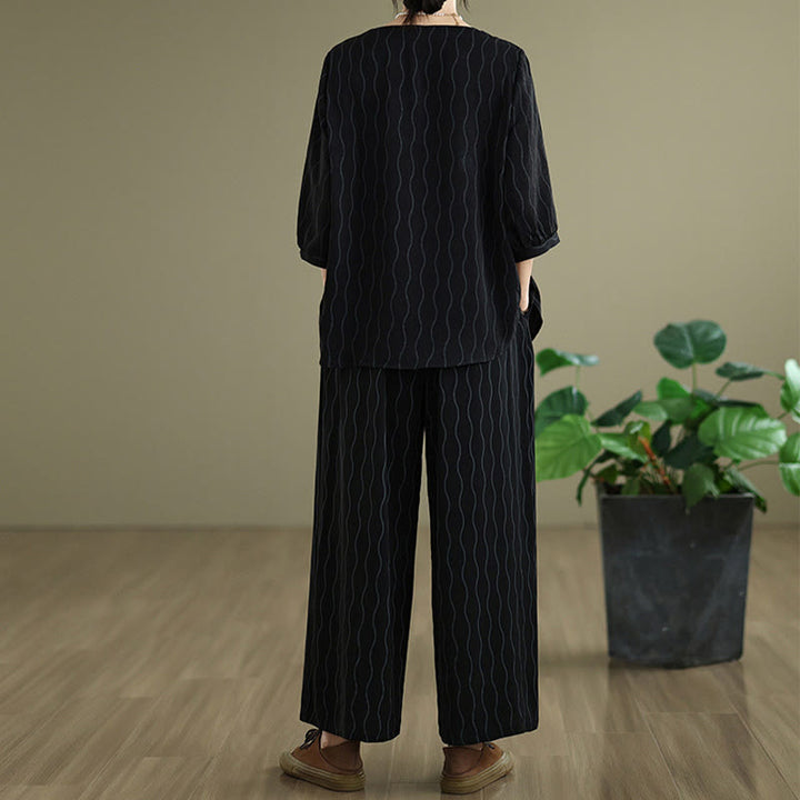 Buddha Stones Ensemble 2 pièces : chemise à manches courtes rayée en polyester, pantalon harem longueur 7 avec poches - image 16