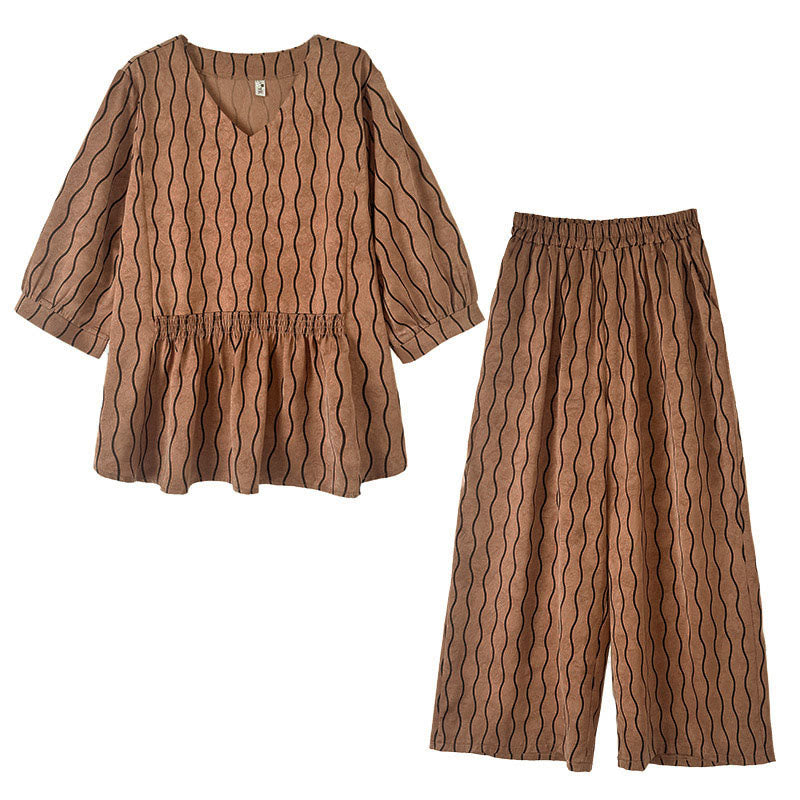 Buddha Stones Ensemble 2 pièces : chemise à manches courtes rayée en polyester, pantalon harem longueur 7 avec poches - image 9