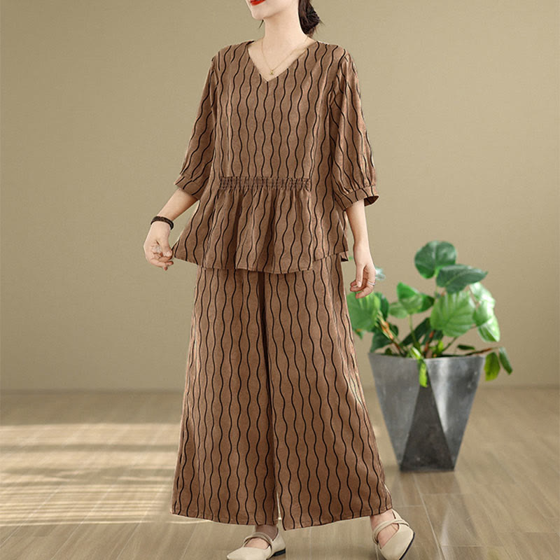 Buddha Stones Ensemble 2 pièces : chemise à manches courtes rayée en polyester, pantalon harem longueur 7 avec poches - image 1