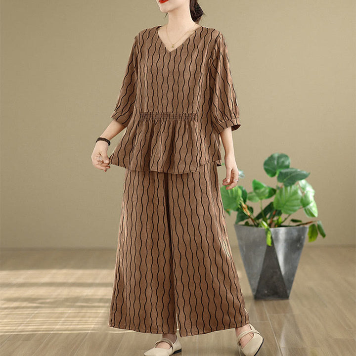 Buddha Stones Ensemble 2 pièces : chemise à manches courtes rayée en polyester, pantalon harem longueur 7 avec poches - image 1