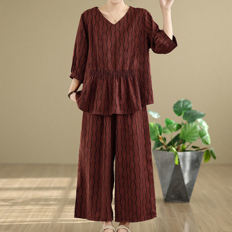 Buddha Stones Ensemble 2 pièces : chemise à manches courtes rayée en polyester, pantalon harem longueur 7 avec poches - image 23