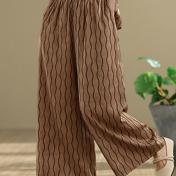 Buddha Stones Ensemble 2 pièces : chemise à manches courtes rayée en polyester, pantalon harem longueur 7 avec poches - image 6