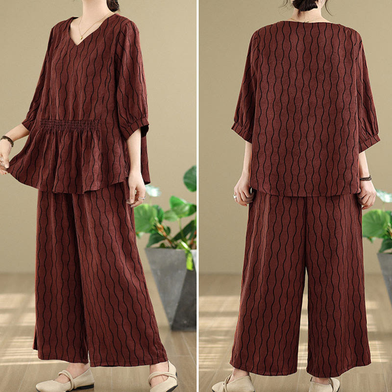 Buddha Stones Ensemble 2 pièces : chemise à manches courtes rayée en polyester, pantalon harem longueur 7 avec poches - image 27