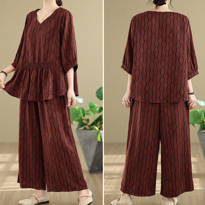 Buddha Stones Ensemble 2 pièces : chemise à manches courtes rayée en polyester, pantalon harem longueur 7 avec poches - image 27